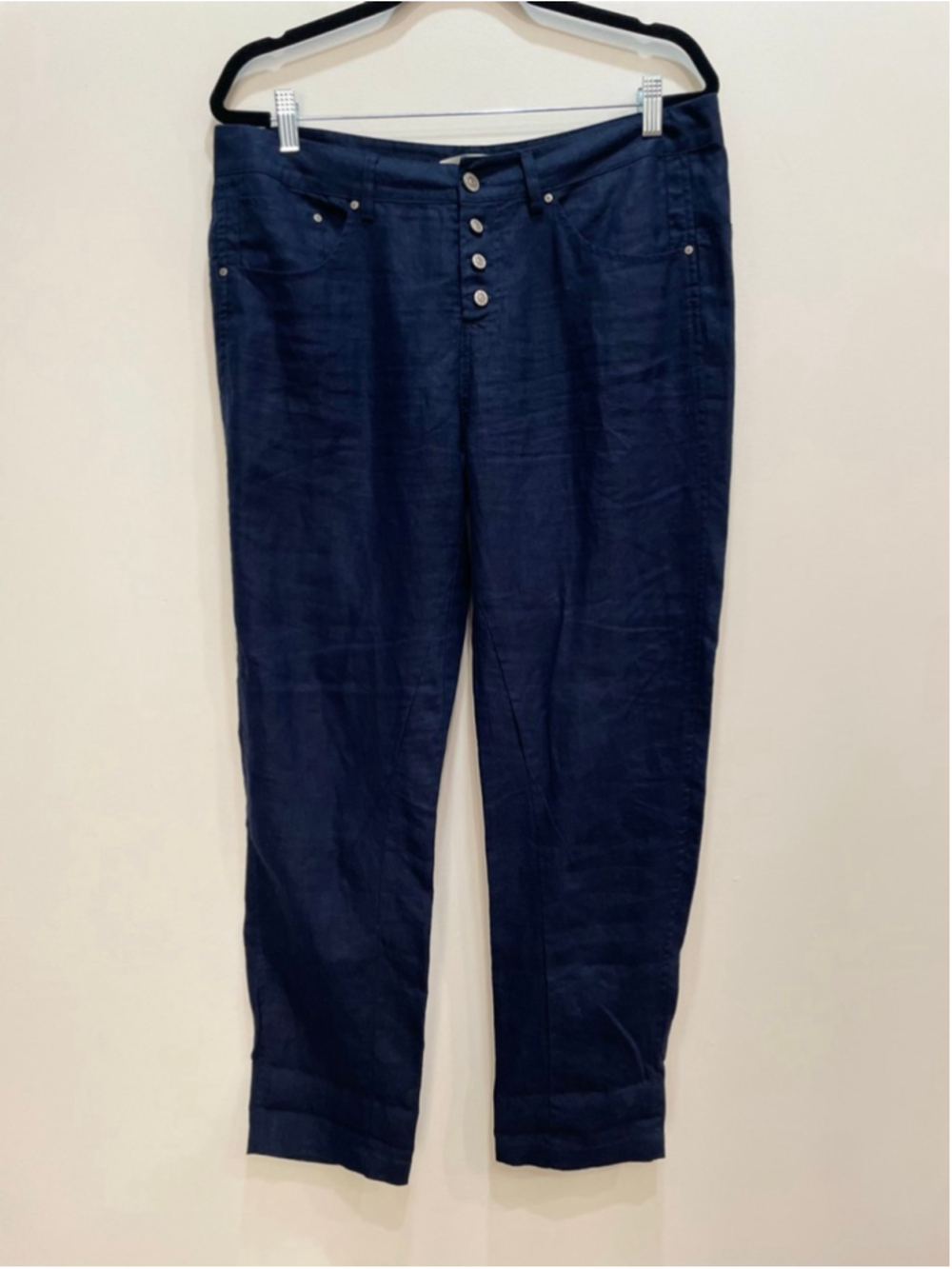 Oui Chester Girlfriend Navy Blue Linen Ankle Cropped Pants US 10 Minimalist